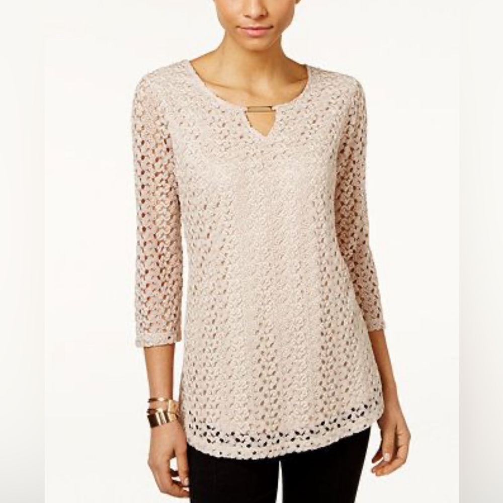 JM Collection Crochet- Lace KeyHole Beige Women’s Top L